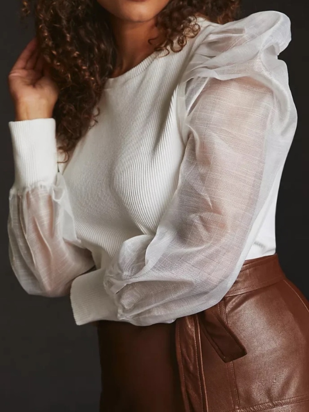 Anthropologie Dolan Sheer Taffeta Puff Long Sleeve Ribbed Top White Size Medium